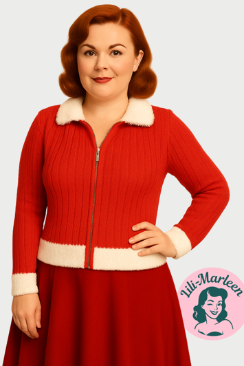 Cardigan - Julecardigan med hvid pelskant og lynlås