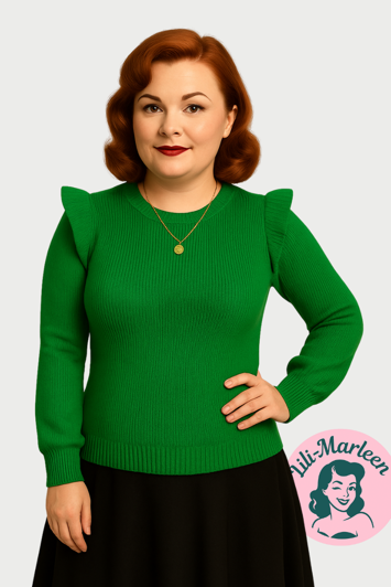 Vinterstriktrøje - Monica i grøn med ruffels