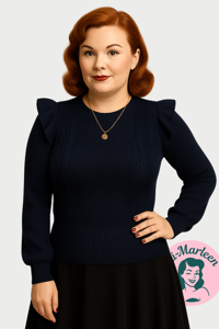 Vinterstriktrøje - Monica i blå med ruffels - elegant