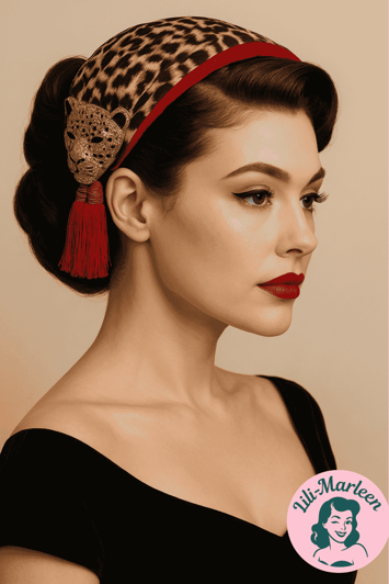 Madame Jaguar Håndlavet Fascinator med Leopardmønster og Rød Kvast