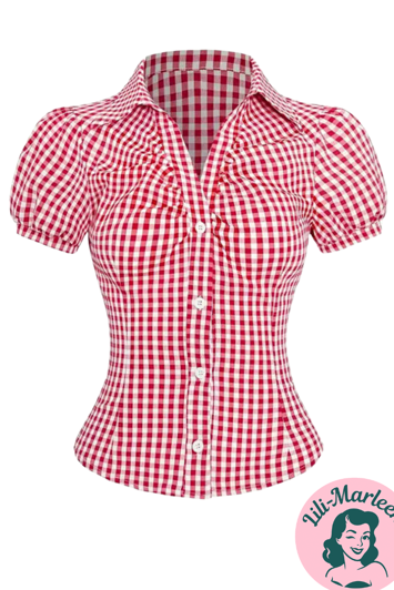 Retro Gingham Rød Skjorte med Korte Ærmer