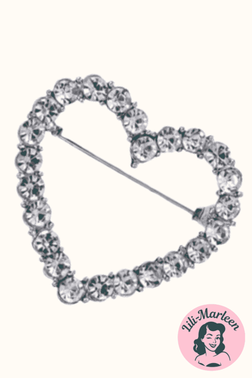 Broche - hjerte med glimtende sten, sølv