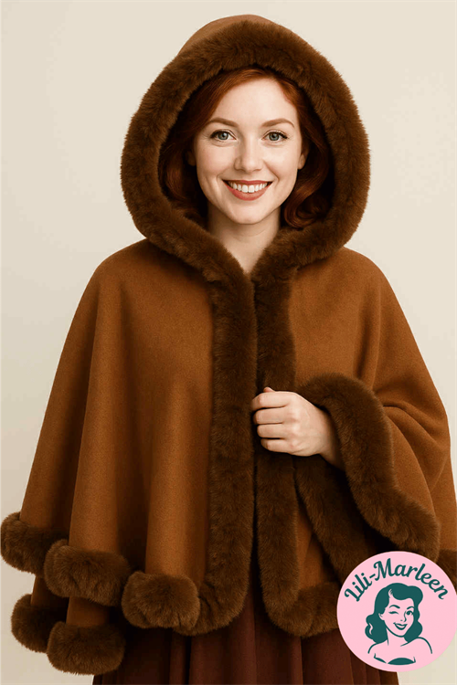 Cape med hætte – Miss Woodsy, varm brun med faux fur