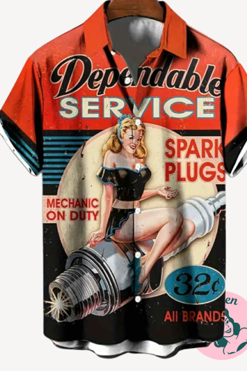Dependable Service – Rockabilly Herreskjorte med Pinup & Spark Plugs Print