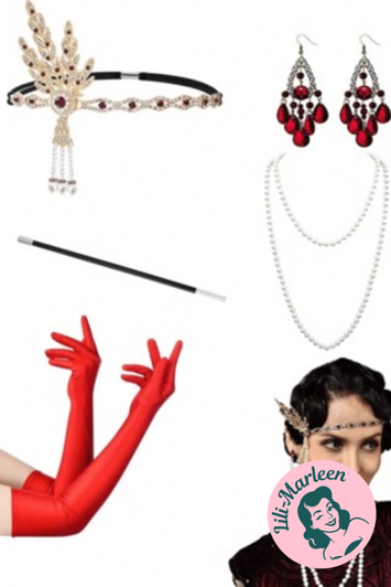 1920´er Gatsby/Charleston accessories/tilbehørssæt, rød - deluxe