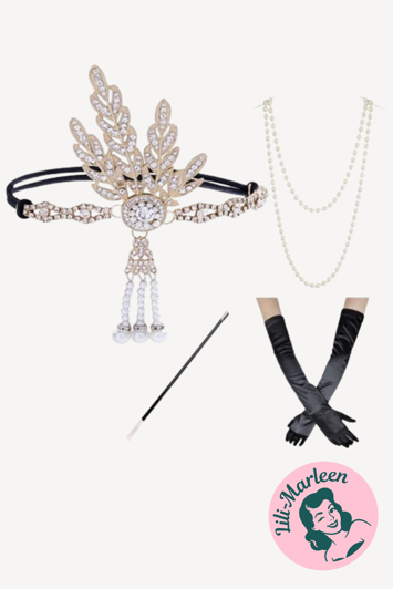 1920´er Gatsby/Charleston accessories/tilbehørssæt, sort/guld - 4 dele