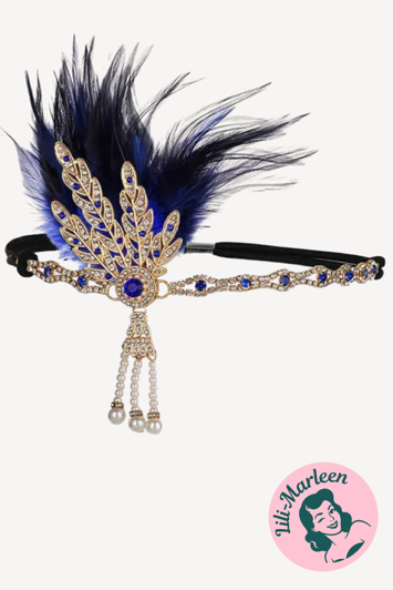 Gatsby Blue Feather – 1920’er Hårpynt med Blå Fjer og Krystaller