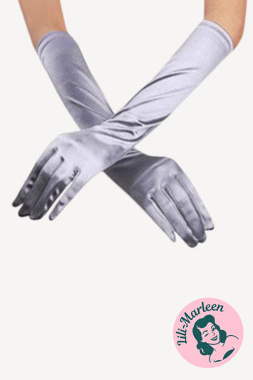 Lange santin handsker, lys sølv