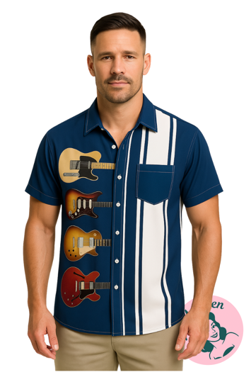 Rock’n’Roll Style – Blå Skjorte med Guitarprint