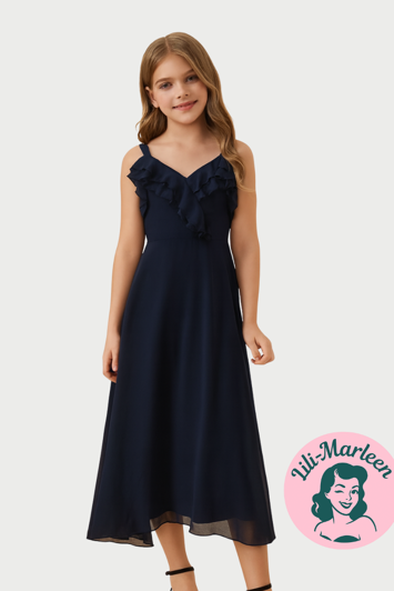 Børnefestkjole - Mini Miss Sofia – Marineblå Festkjole med Chiffonlag