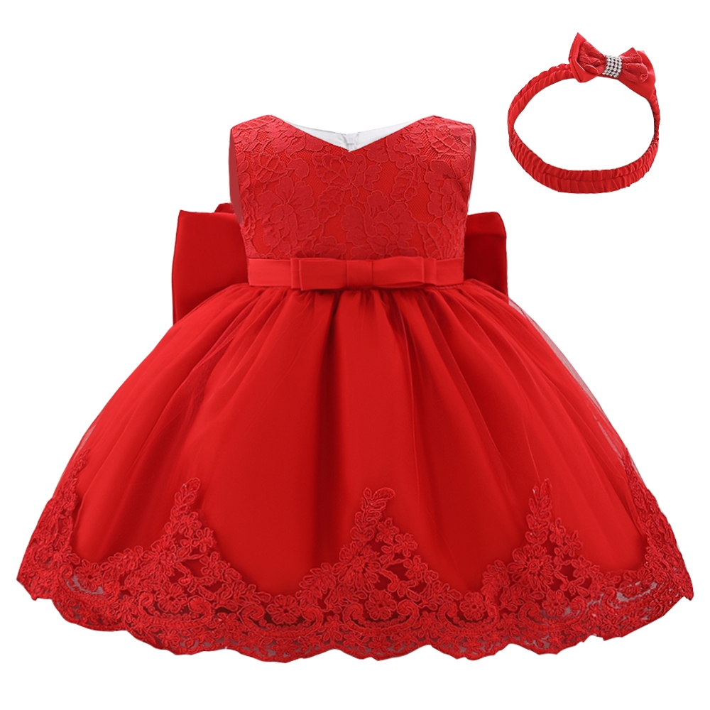 Udlevering Anger Hospital Festkjole til baby: Little Emilie, rød - sød festkjole med tyl og blonder  og hårbånd