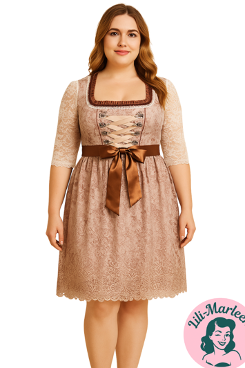 Miss Edelweiß, caffelatte – Oktoberkjole med fast forklæde og satinbånd