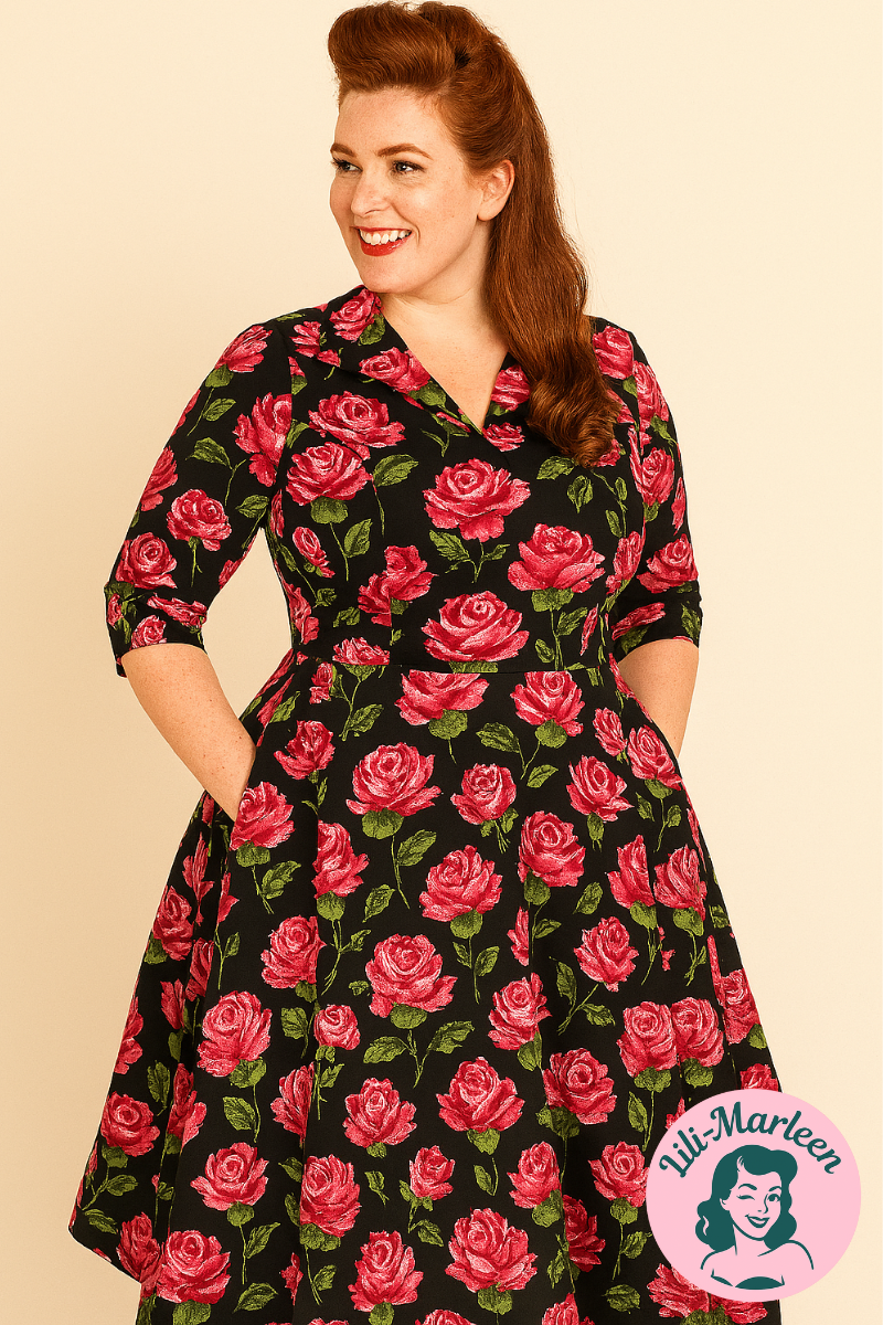 50ér kjole/swingkjole - Miss Rose - smuk kjole i sort med roser