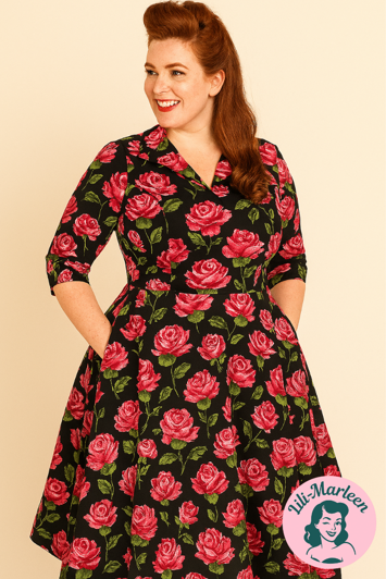 50ér kjole/swingkjole - Miss  Rose - smuk kjole i sort med roser 