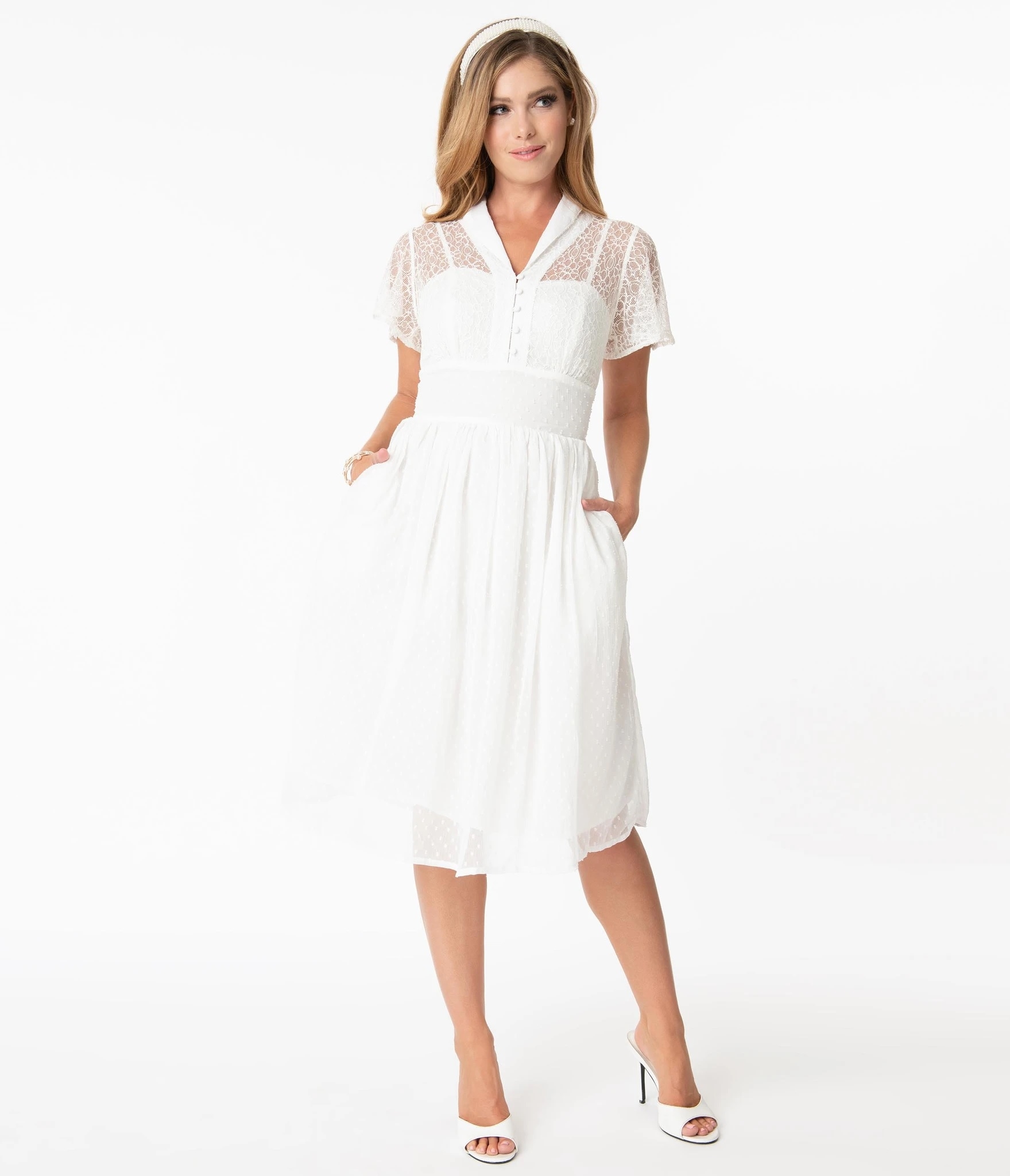 Vintageinspireret hvid kjole: - Naomi: hvid kjole med sød krave