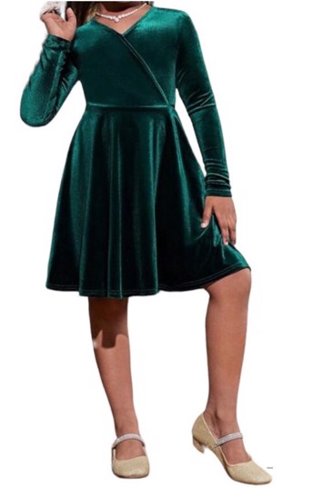 Børne kjole - A-form - Velour; Mini CAITLYN, grøn