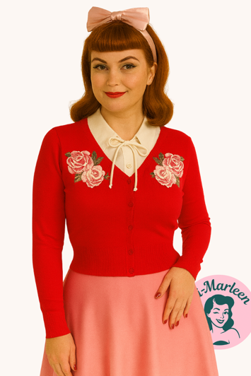 Rød Cardigan med Broderede Roser - Miss Red Rosy 