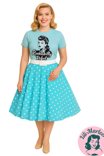 Ruth Polka Dot – Swingnederdel i Blå med Hvide Prikker