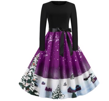 Julekjole: Purple Christmas - julekjole med sort overdel og sødt skørt med vinterlandskab