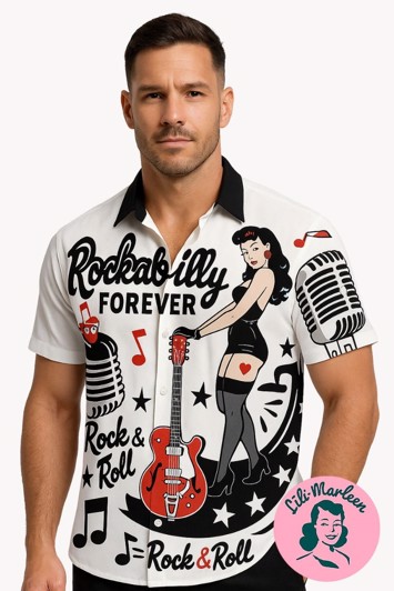 Rebel Riffs – Kortærmet Herreskjorte med Rockabilly Pinup & Retro Rock’n’Roll