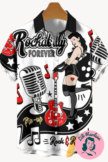 Rebel Riffs Kortærmet Herreskjorte med Rockabilly Pinup & Retro RocknRoll