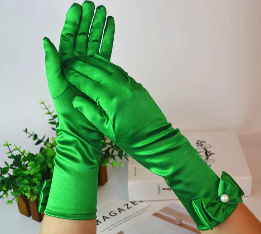 handsker satin, grøn handsker med sløjfe og perle