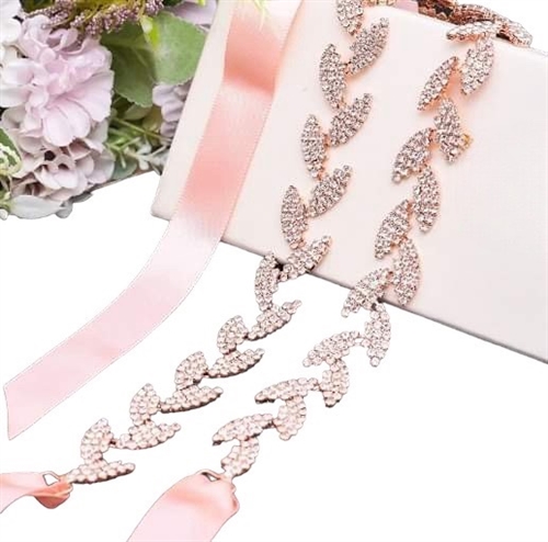 Krystalbælte med silkebånd, blade - rødguld - flere farver satinbånd