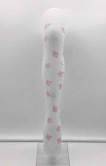 Børnestrømpebukser i nylon, hvid med  rosa blomster og sølv