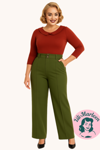  Højtaljet bukser i støvet grøn - retrovibe - Miss Vivian 