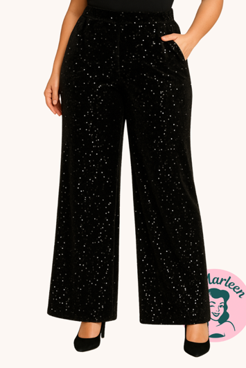  Højtaljet sorte velour bukser med palietter - Miss Midnight Glam