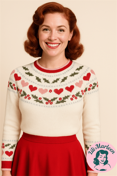 Julesweater/vintersweater – Sweet Holly Hearts – Hvid 50’er-inspireret strik med hjerter