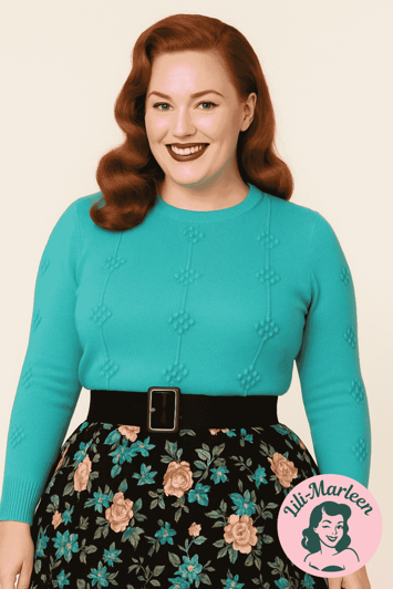 Strikbluse – Miss Celeste – Blød vintage-inspireret sweater i turkis