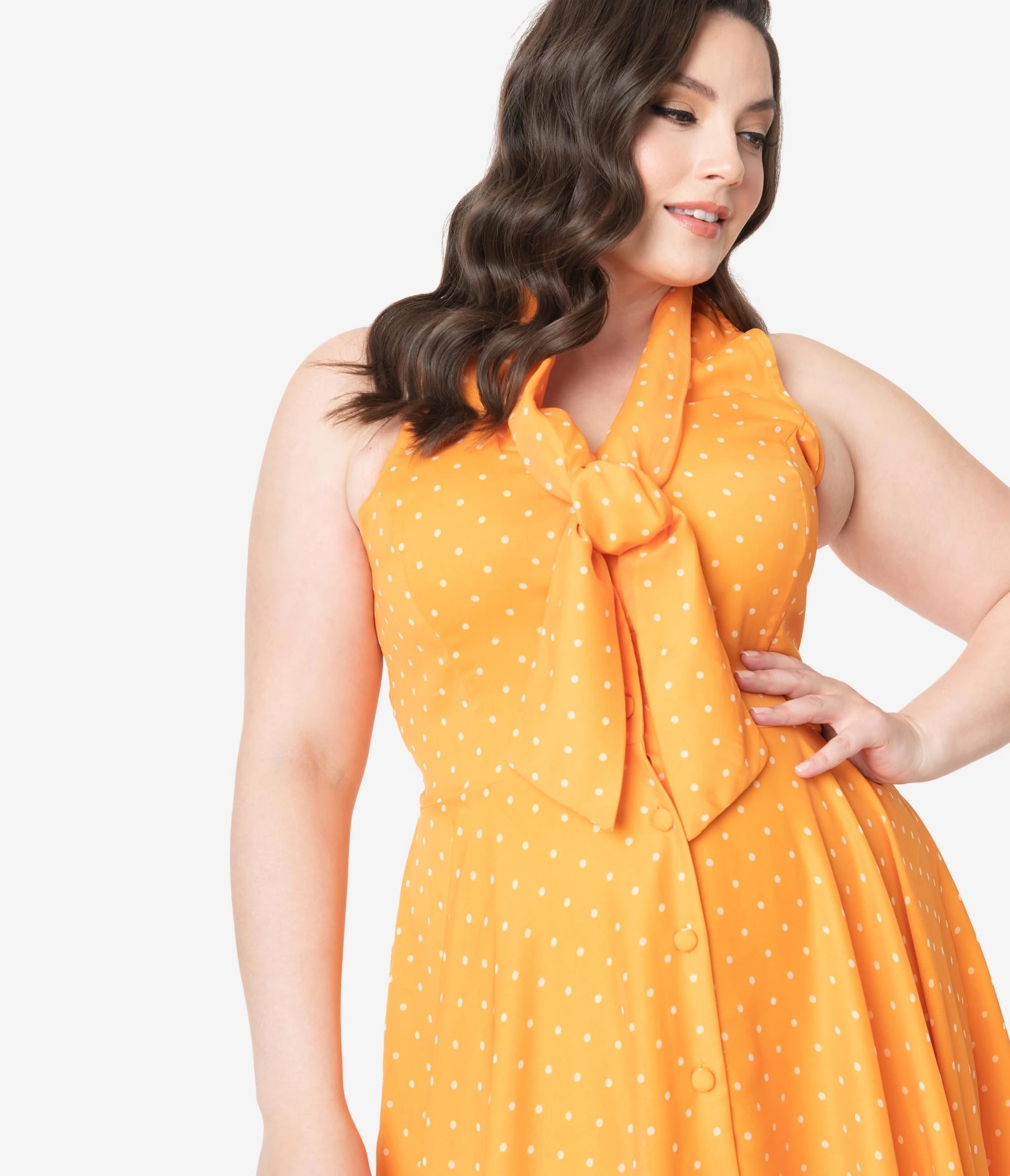 evne teknisk Potentiel 50´er kjole - Trinity: Orange/gul kjole med polka prikker