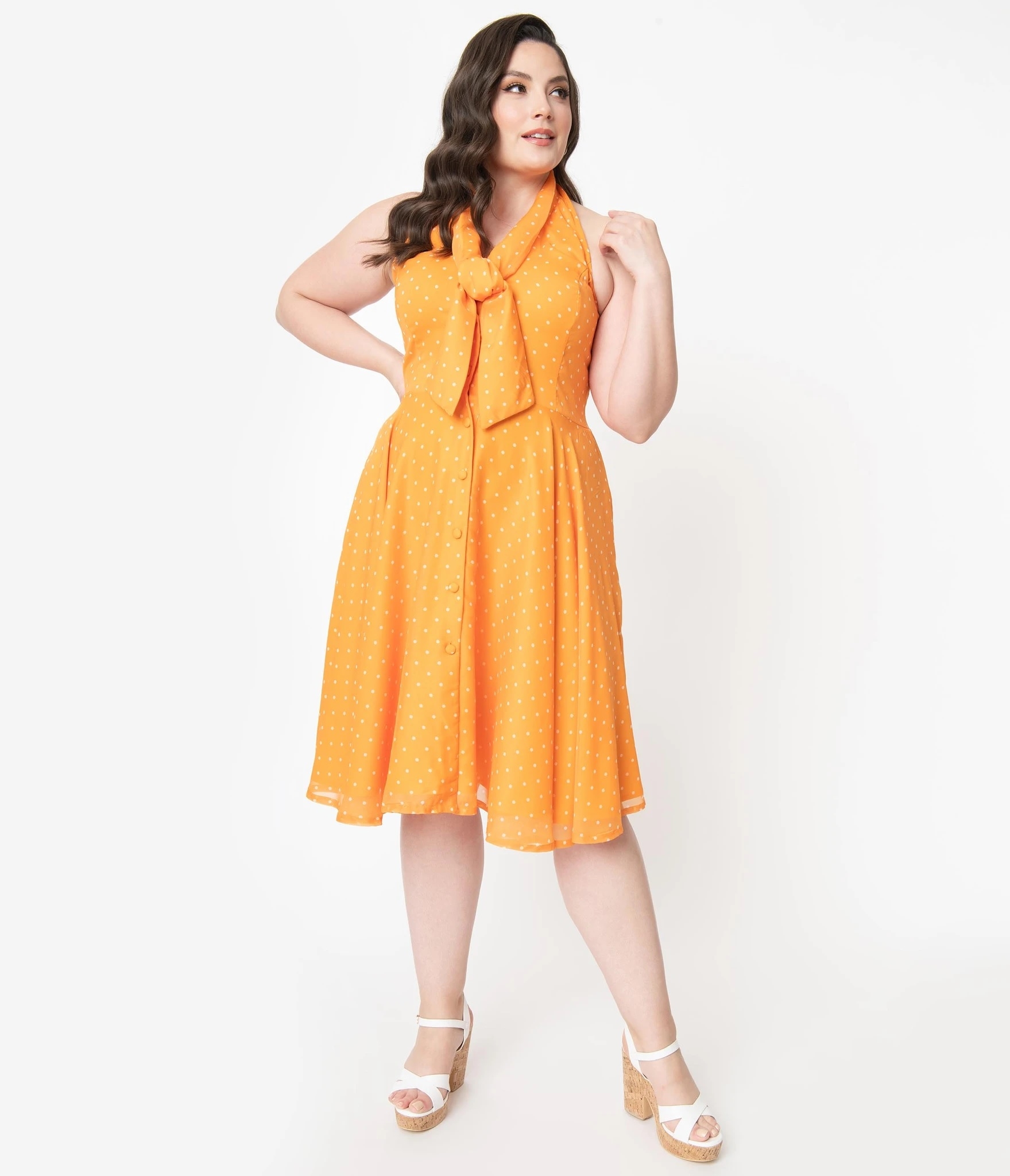 evne teknisk Potentiel 50´er kjole - Trinity: Orange/gul kjole med polka prikker