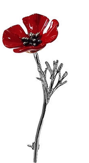 Broche - enkelt rød valmue med mørk sølv stilk
