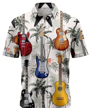 Guitar Grooves Kortærmet Herreskjorte med Guitarprint & Tropisk RocknRoll