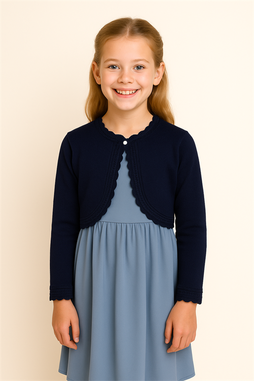 Little My Tilde – Navyblå strikbolero med blondekant