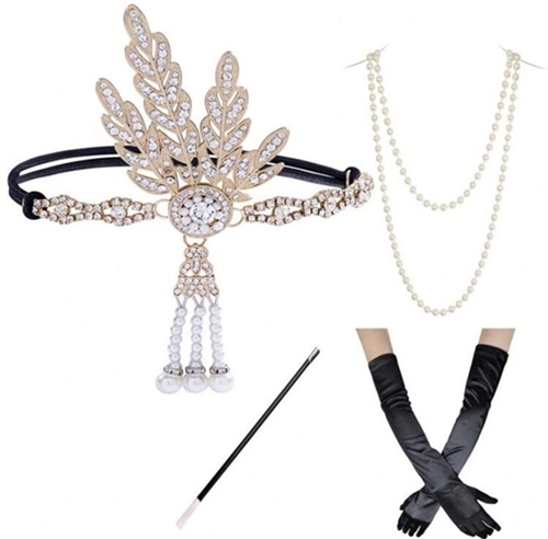 1920´er Gatsby/Charleston accessories/tilbehørssæt, sort/guld - 4 dele