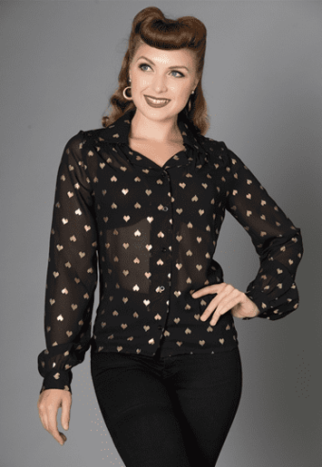 Fest Observatory kompromis Skjortebluse: Belinda - sød sort skjortebluse med guld hjerter