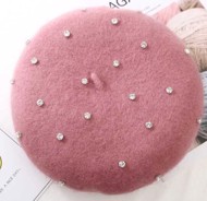 Beret, gammelrosa med diamanter - lækker vintageinspireret beret i filt