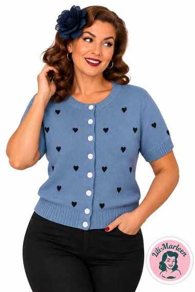 Miss Betty Blue – Støvblå vintagecardigan med sorte hjerter