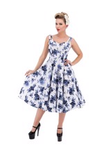 50ér kjole/swingkjole - Blå Rosa -  smuk hvid kjole med et væld af blå roser