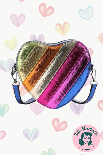 Rainbow Love – Hjerteformet Mini-Taske med Regnbuestriber