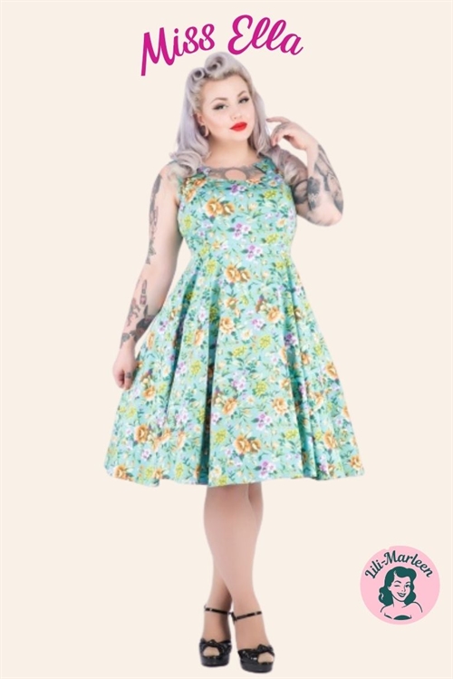 50ér kjole/swingkjole - Miss Ella floral - smuk kjole i turkis med flora