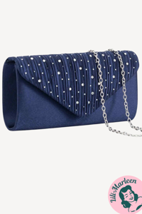 Melodi – Mørkeblå Satin Clutch med Rhinsten & Sølvrem en 