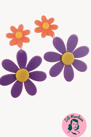 Yvonnes maguridt øreringe – neonblomster og retrohumør Lilla/orange