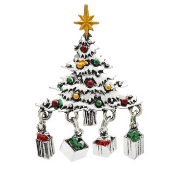 Jule broche - juletræ med vedhæng - sølv