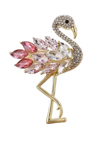 Broche - flamingo i guld med glitrende sten i lyserød/pink