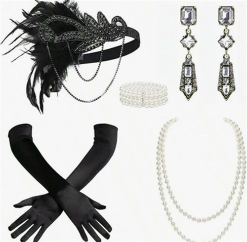 1920’er Gatsby/Charleston accessories/tilbehørssæt, sort – deluxe – 5 dele