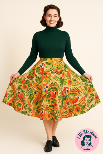 Tropical Twilight – vintage swingnederdel med papegøjeprint | Lili-Marleen